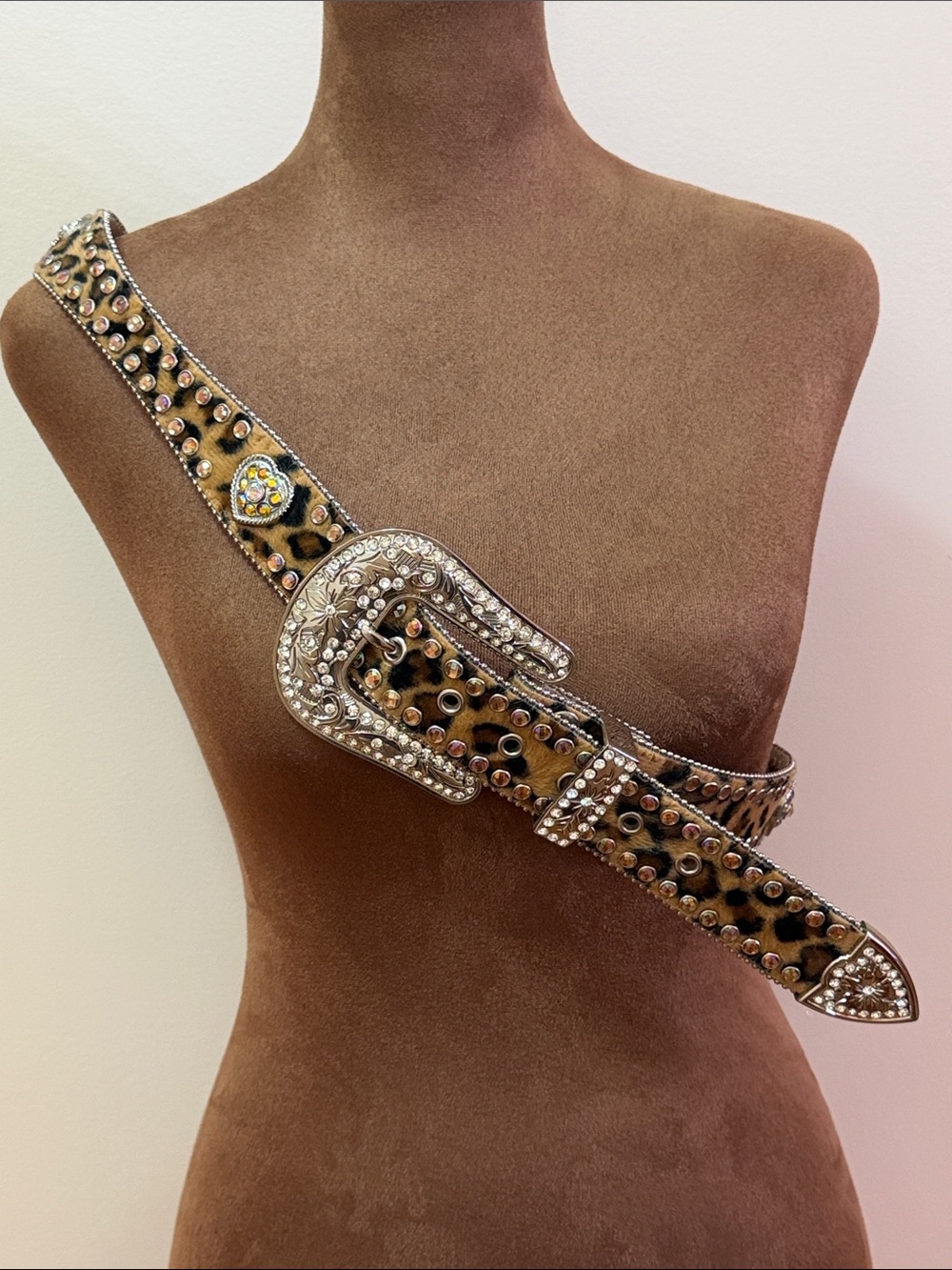 Leather Leopard Print Studded Western-Style Crossbody Belt with Rhinestones NWOT
